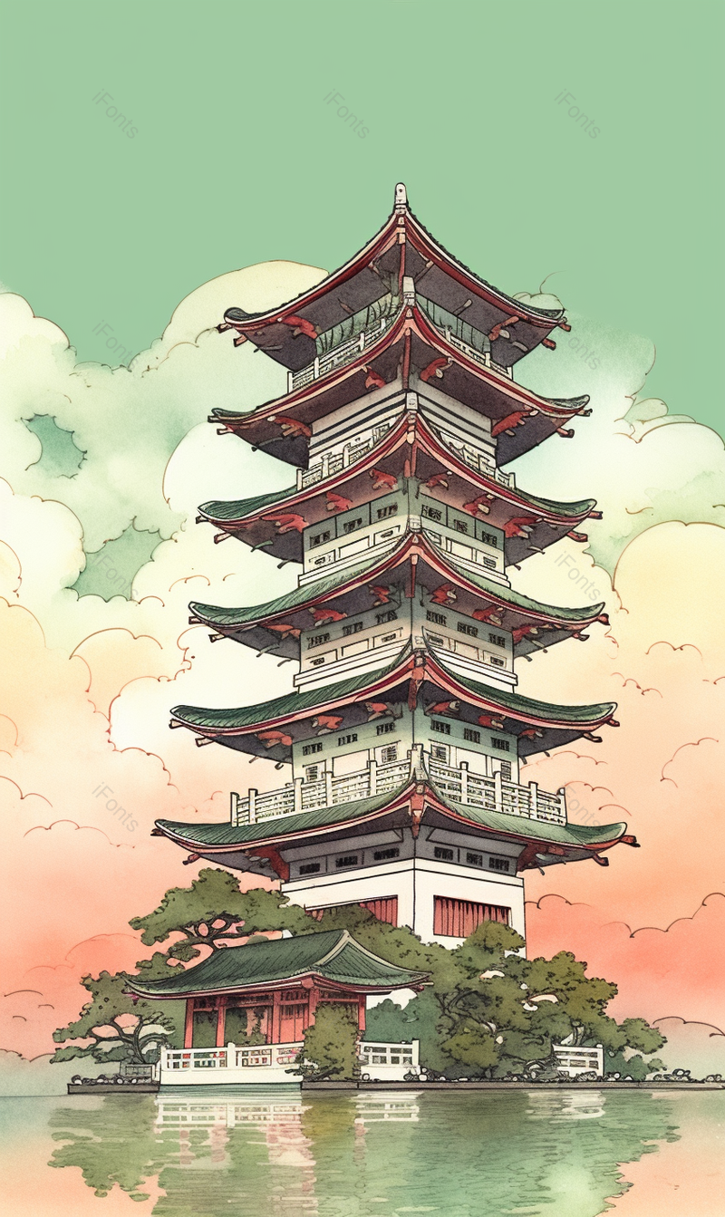新中式塔中国风祥云楼阁水墨画背景,插画/手绘图,插画/手绘图库,插画/手绘图下载,插画/手绘